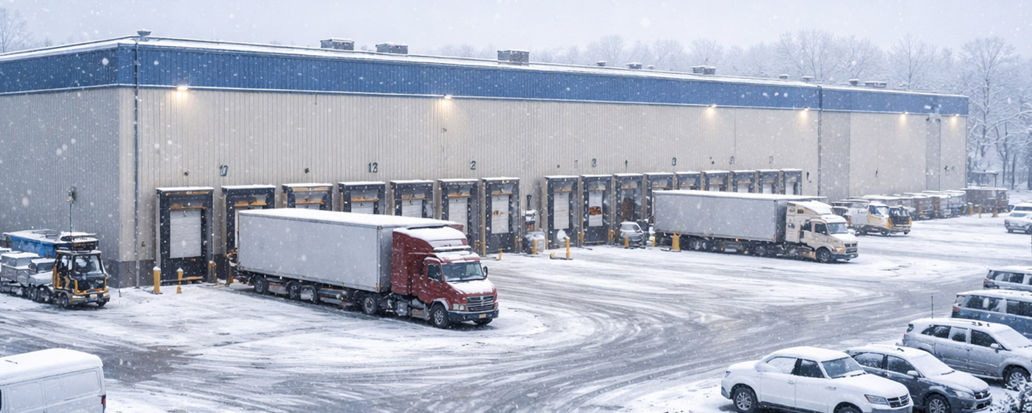 Semi trucks parked at warehouse loading docks during a snowstorm