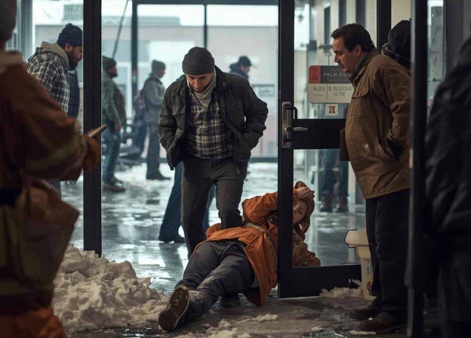 A person in a winter coat has slipped on icy floor near an entrance.