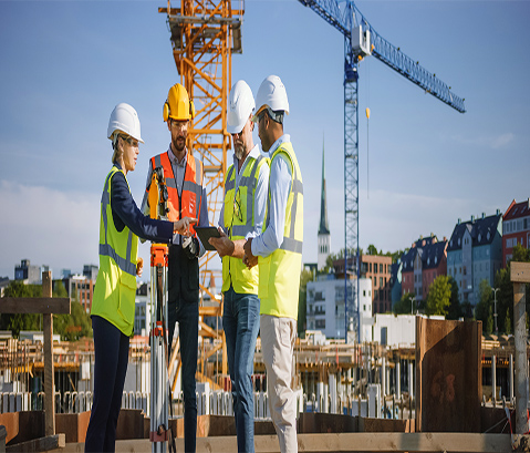four construction worker talking about the plan