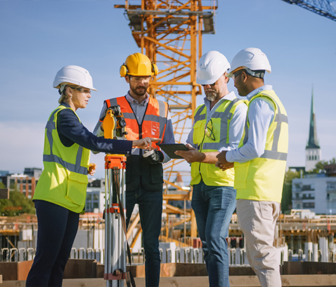 Four construction worker talking about the plan.