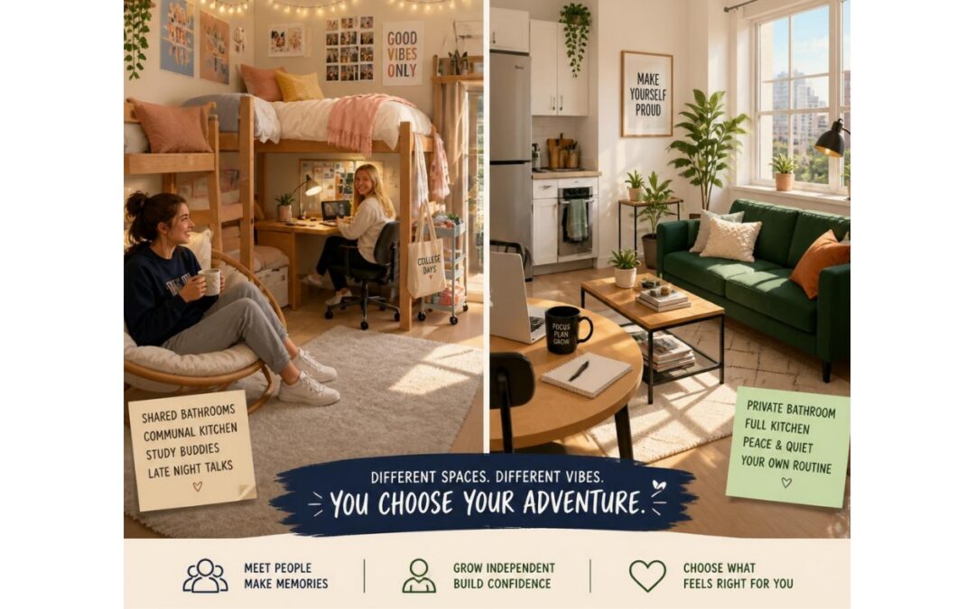 An split-screen advertisement comparing two student living arrangements side-by-side under the primary heading "DIFFERENT SPACES. DIFFERENT VIBES. YOU CHOOSE YOUR ADVENTURE." The left side depicts a shared dorm room featuring bunk beds, string lights, wall art reading "GOOD VIBES ONLY", and two female students studying and socializing, paired with a sticky note listing "SHARED BATHROOMS, COMMUNAL KITCHEN, STUDY BUDDIES, LATE NIGHT TALKS ♡". The right side depicts a private, modern apartment setting with a sleek green couch, a coffee table, a kitchen area in the background, a framed poster reading "MAKE YOURSELF PROUD", and a black mug on a foreground table reading "FOCUS PLAN GROW", paired with a sticky note listing "PRIVATE BATHROOM, FULL KITCHEN, PEACE & QUIET, YOUR OWN ROUTINE ♡". A tote bag hanging in the dorm room reads "COLLEGE DAYS". The bottom footer of the graphic includes three icons with accompanying text: "MEET PEOPLE MAKE MEMORIES", "GROW INDEPENDENT BUILD CONFIDENCE", and "CHOOSE WHAT FEELS RIGHT FOR YOU". - www.nauinsurance.com